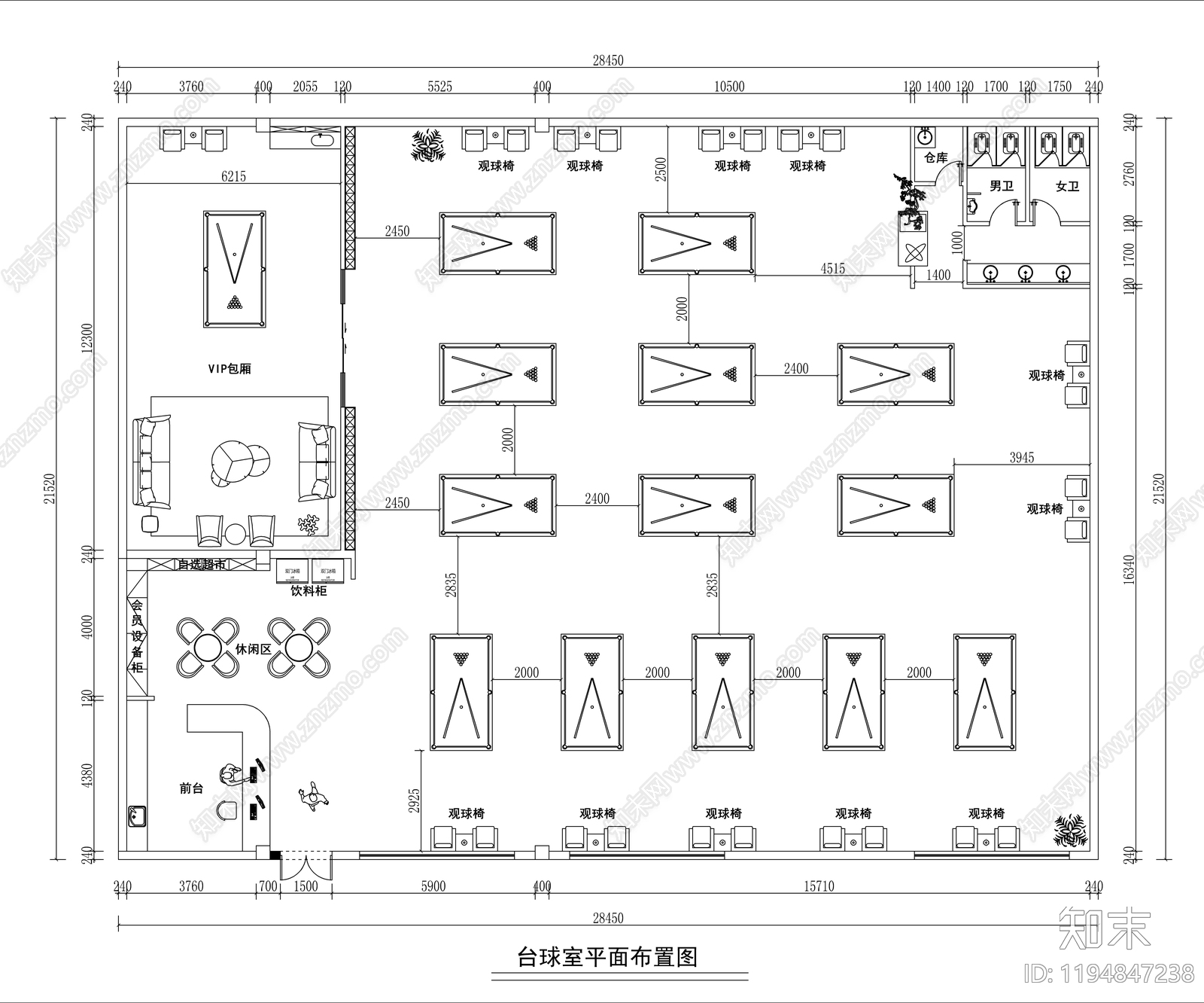 现代极简台球厅施工图下载【ID:1194847238】