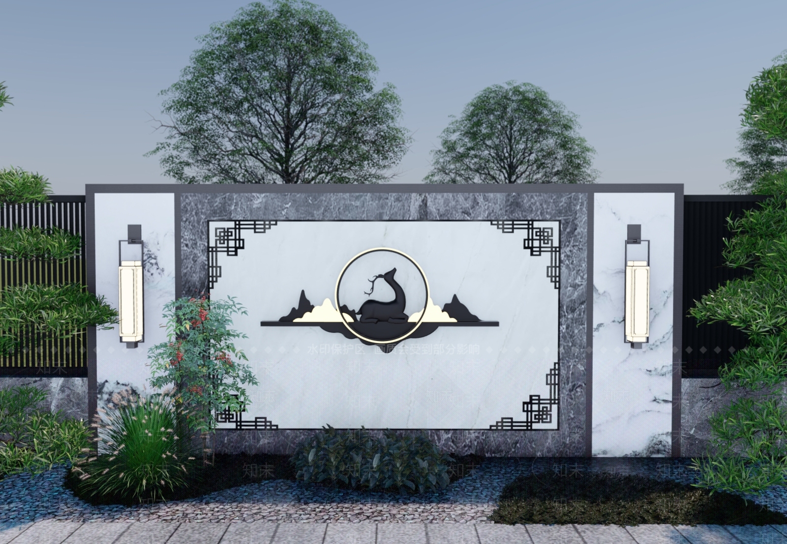 新中式景墙SU模型下载【ID:1194856681】