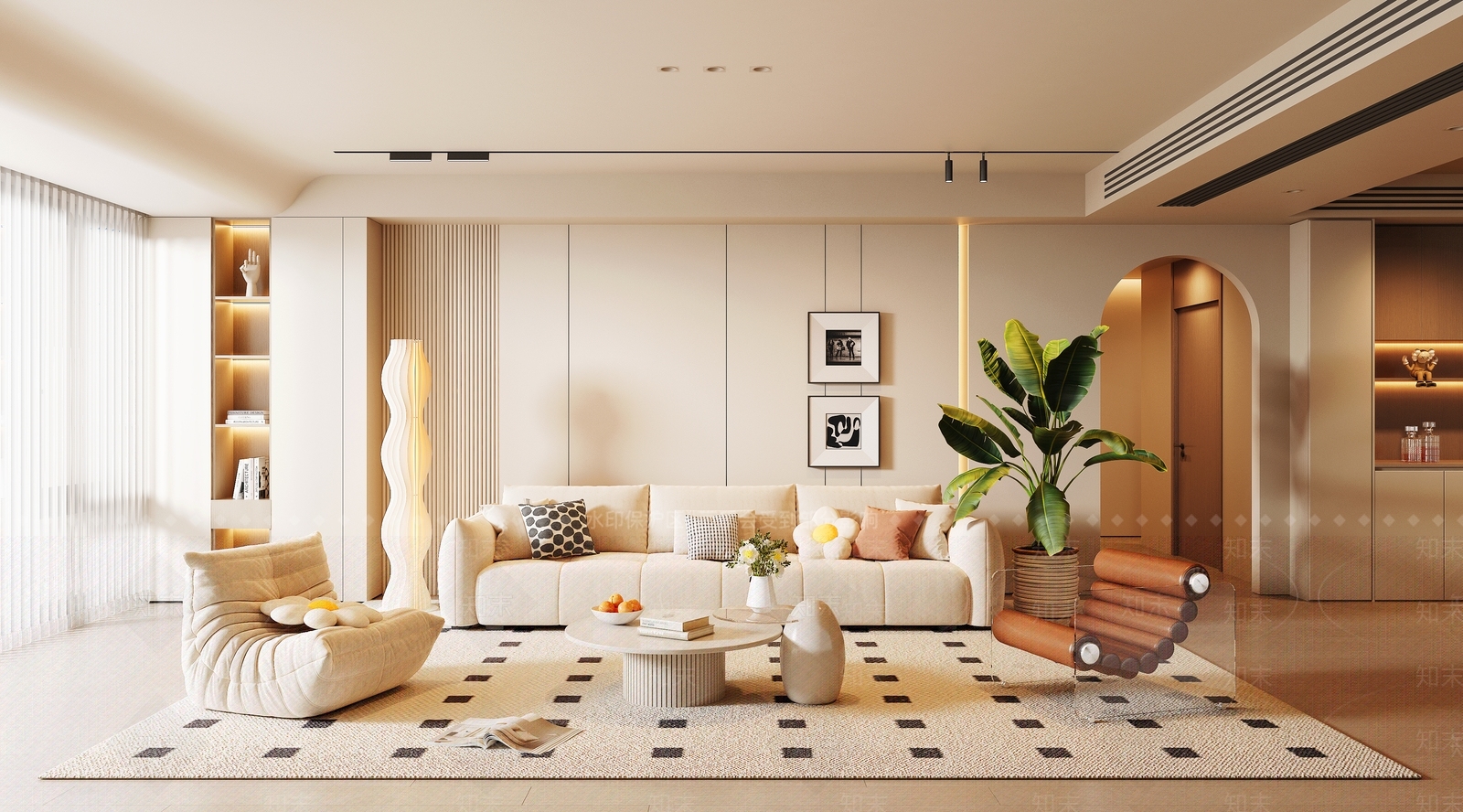 现代奶油家居客厅SU模型下载【ID:1194868063】