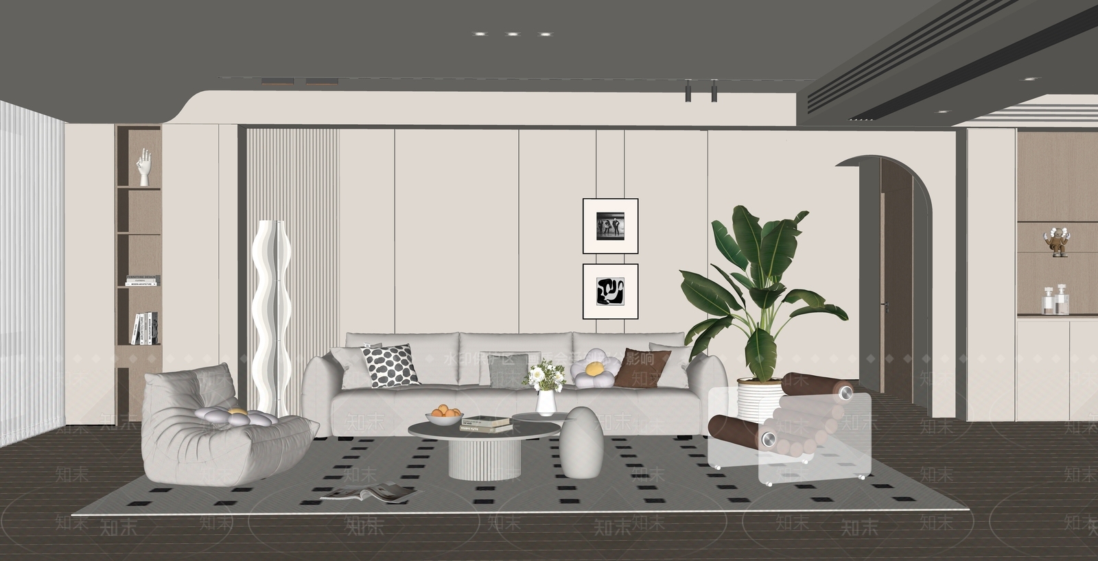 现代奶油家居客厅SU模型下载【ID:1194868063】