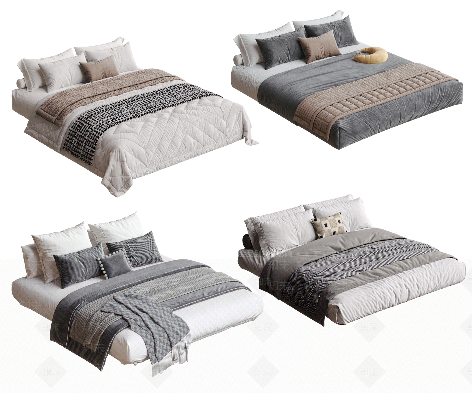 现代奶油床品SU模型下载【ID:1194873375】