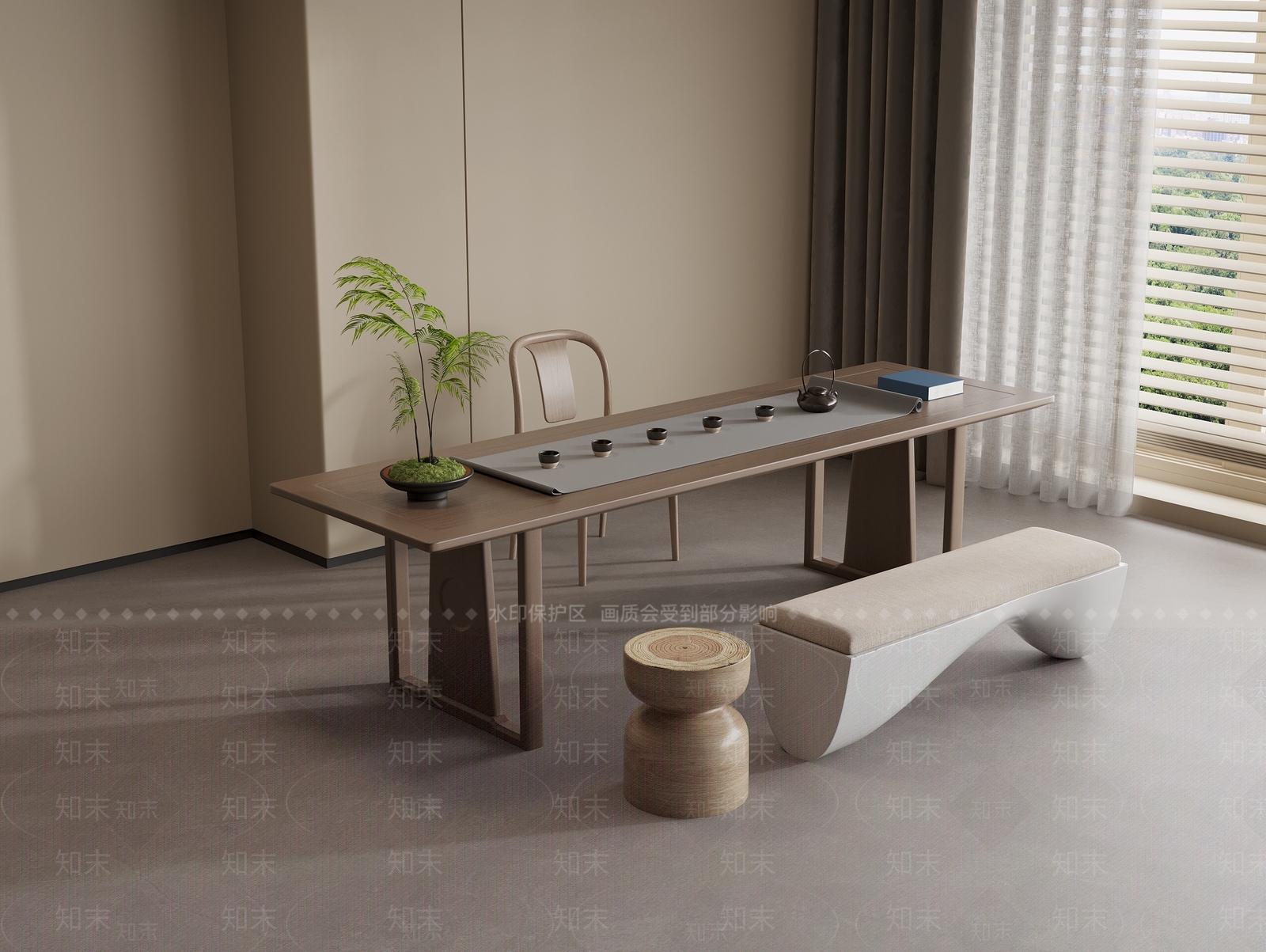 新中式原木茶桌椅3D模型下载【ID:1194872724】