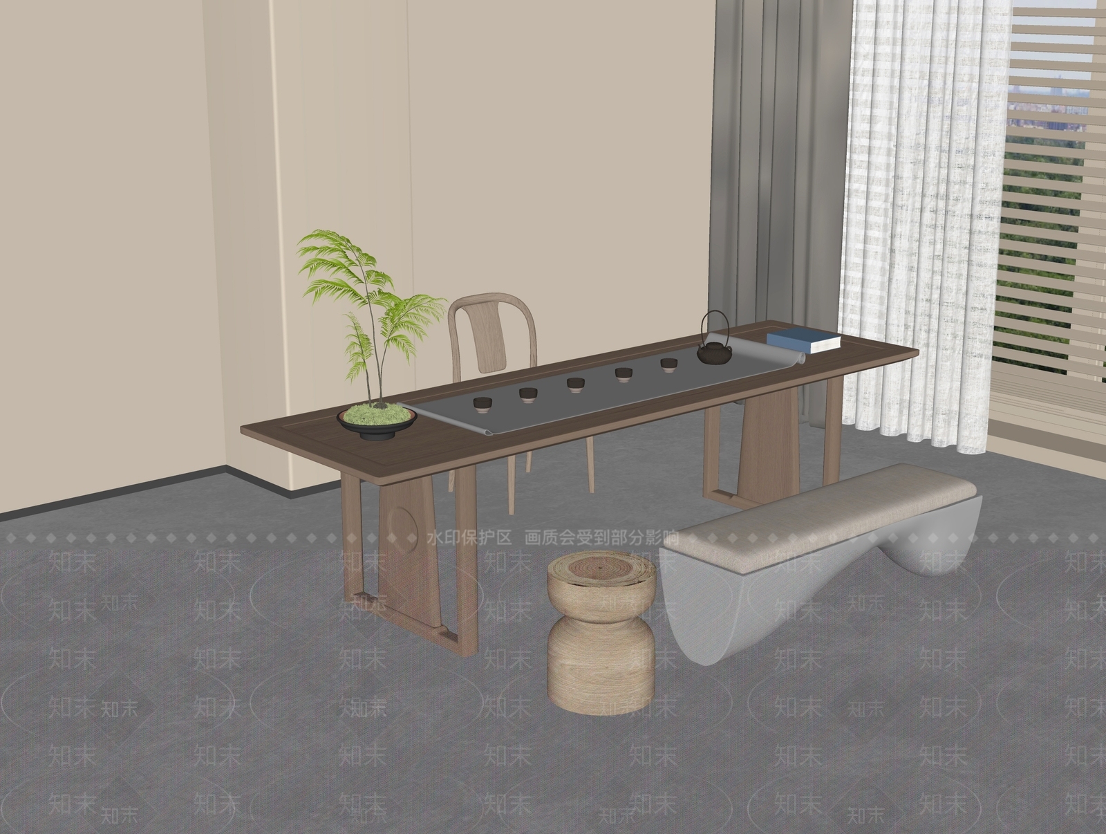 新中式原木茶桌椅SU模型下载【ID:1194873042】