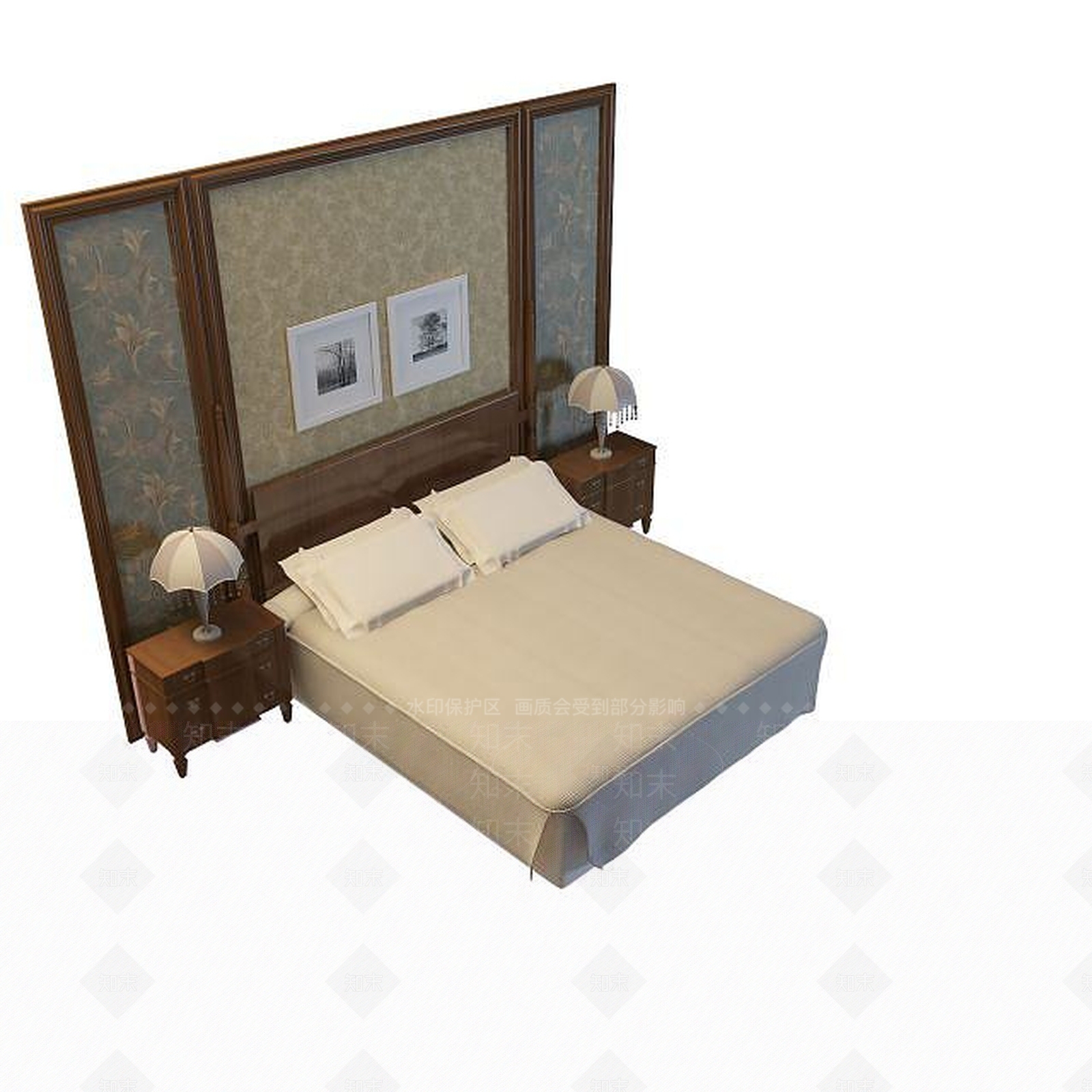 现代新现代床头背景双人床3D模型下载【ID:1194895407】