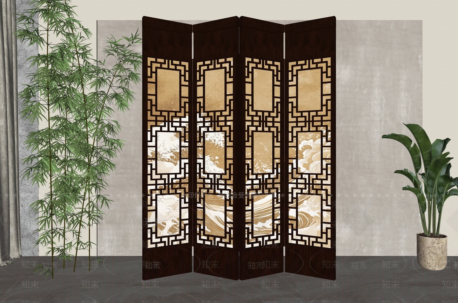 新中式屏风SU模型下载【ID:1194908330】