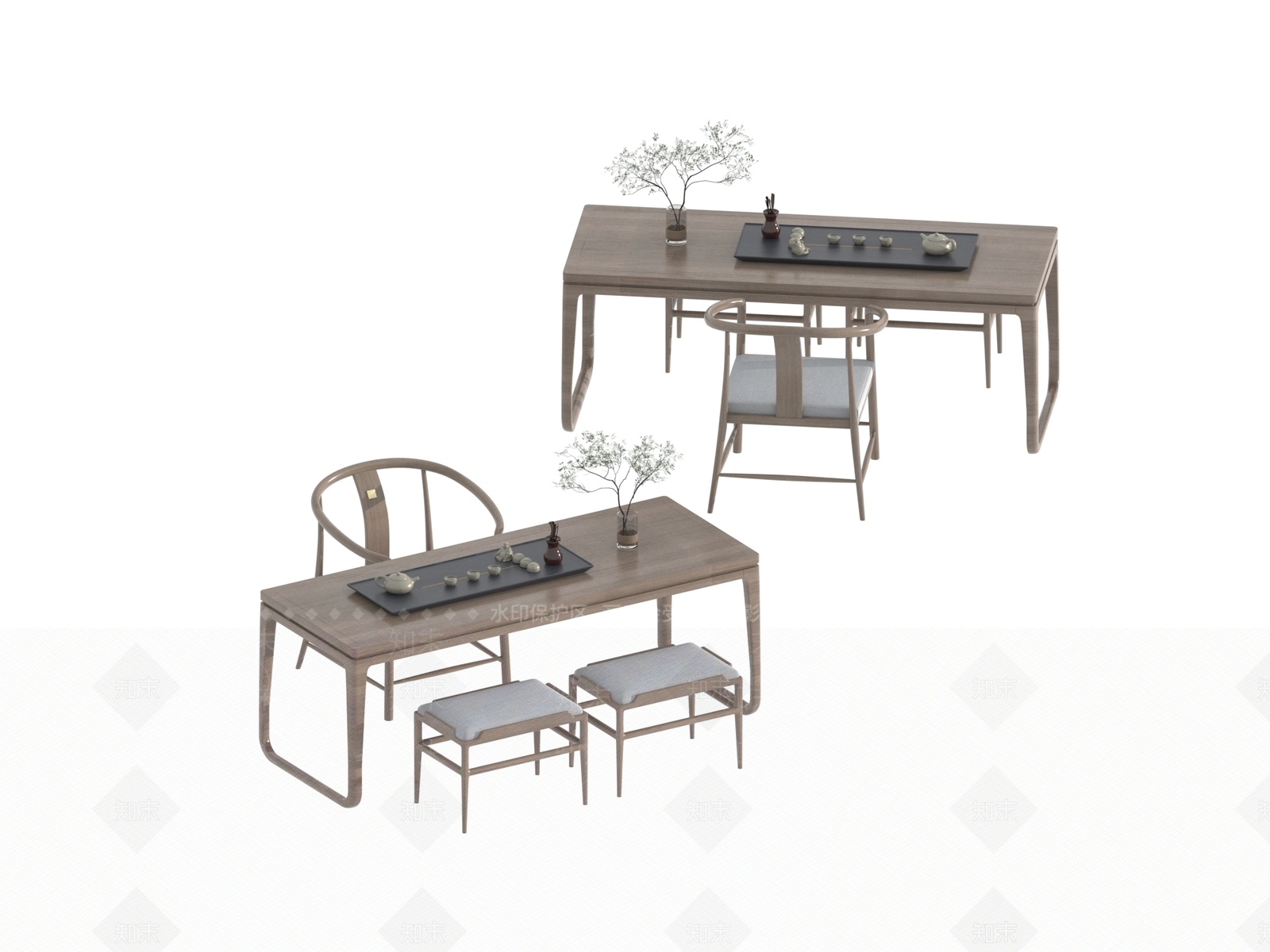 现代新中式茶桌椅3D模型下载【ID:1194908505】