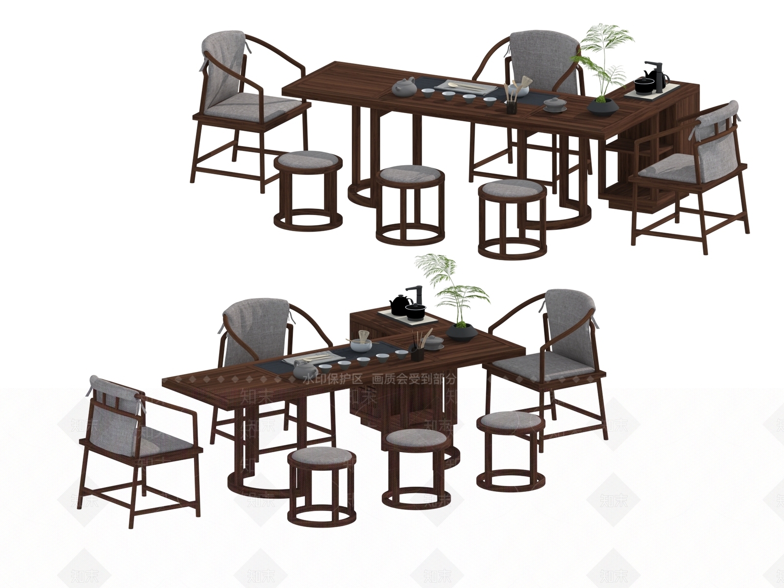 现代新中式茶桌椅3D模型下载【ID:1194909739】