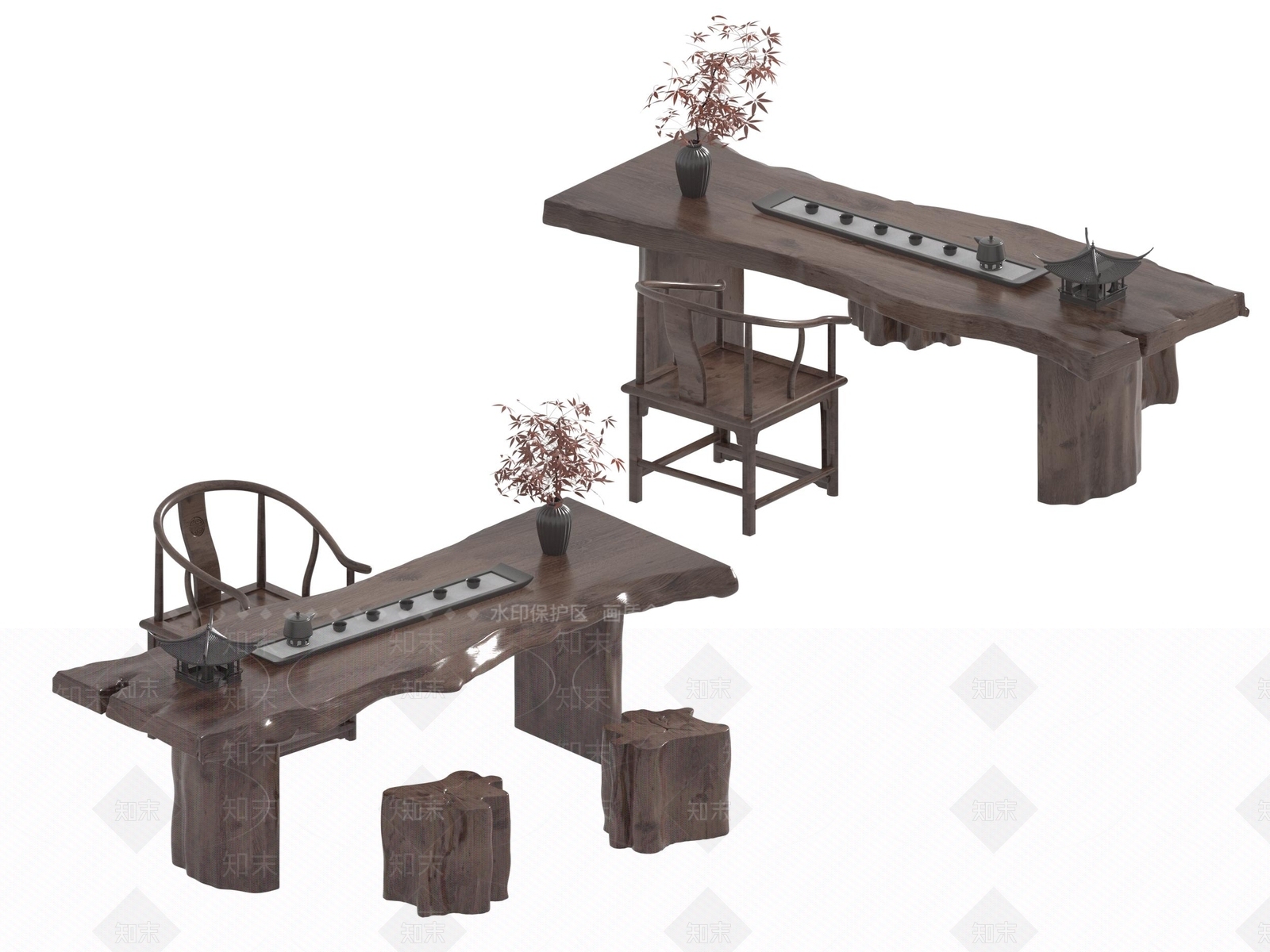 现代新中式茶桌椅3D模型下载【ID:1194913476】