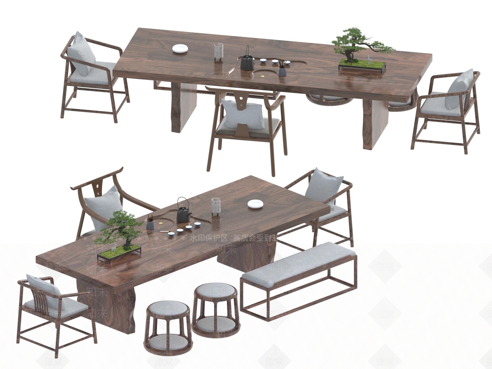 现代新中式茶桌椅3D模型下载【ID:1194913576】