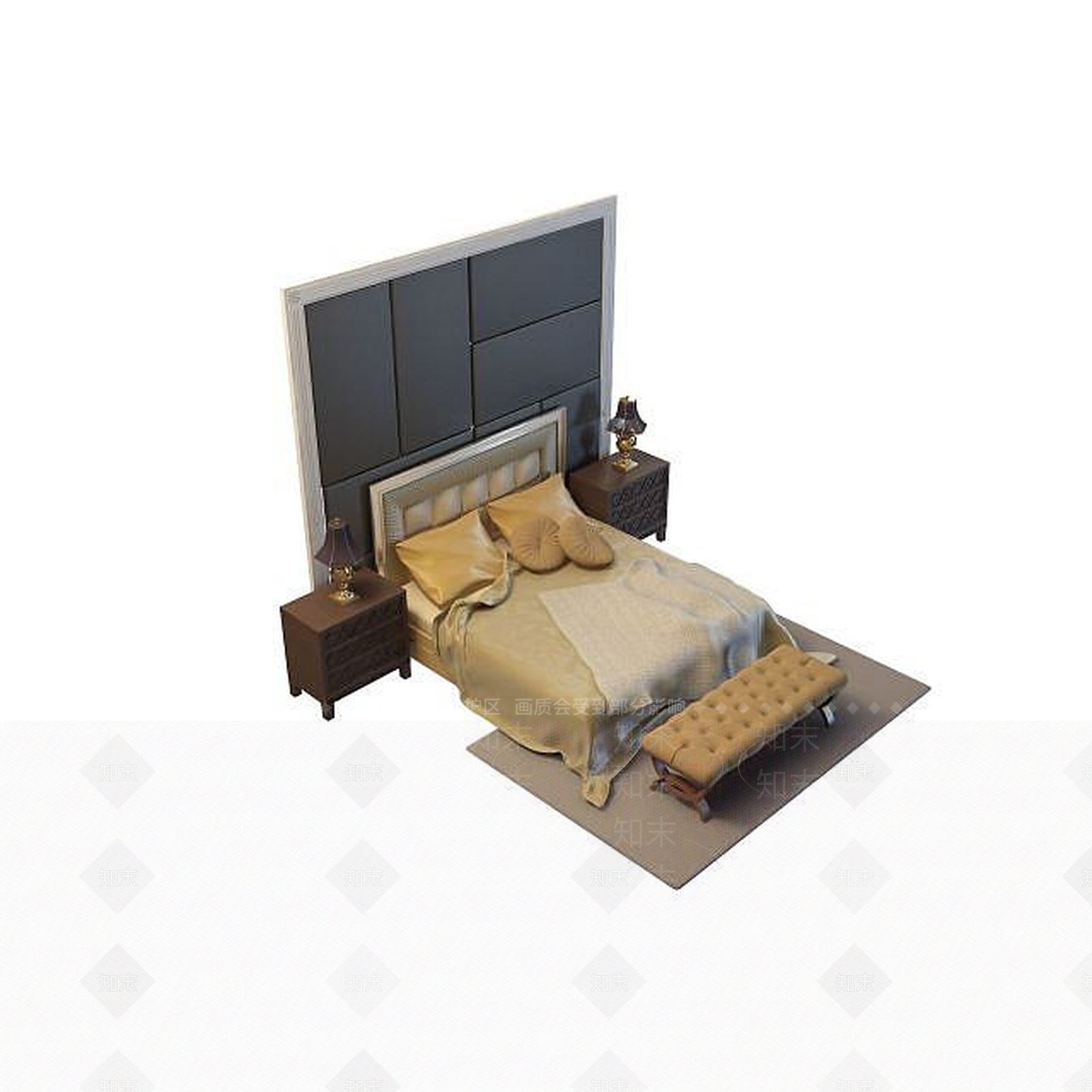 现代简单欧式床头背景双人床3D模型下载【ID:1194918804】