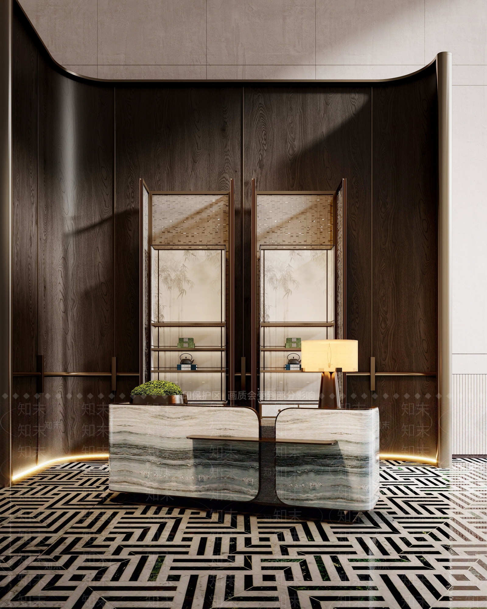现代新中式酒店大堂SU模型下载【ID:1194999750】