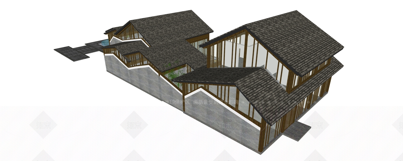 新中式轻奢酒店建筑SU模型下载【ID:1195034266】
