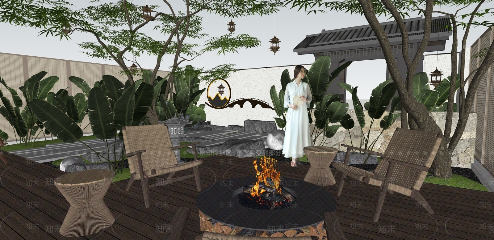 新中式轻奢别墅庭院SU模型下载【ID:1195036090】
