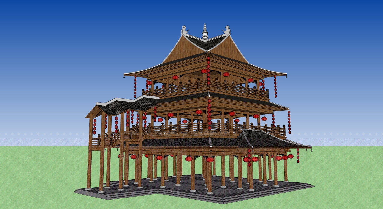 中式古建筑SU模型下载【ID:1195039005】