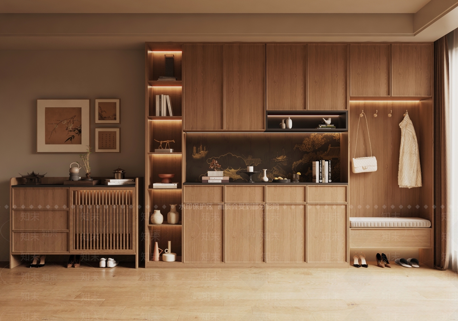 新中式原木鞋柜3D模型下载【ID:1195063216】