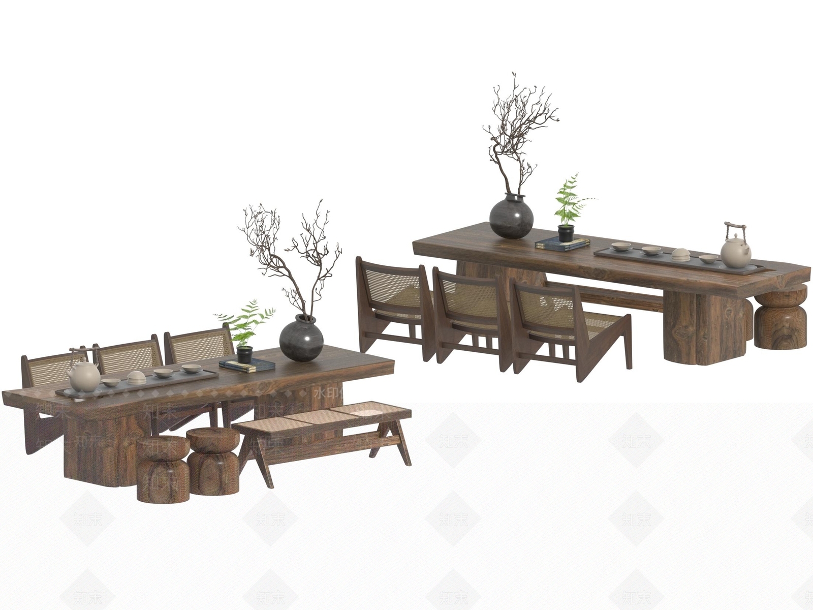 现代新中式茶桌椅3D模型下载【ID:1195069315】