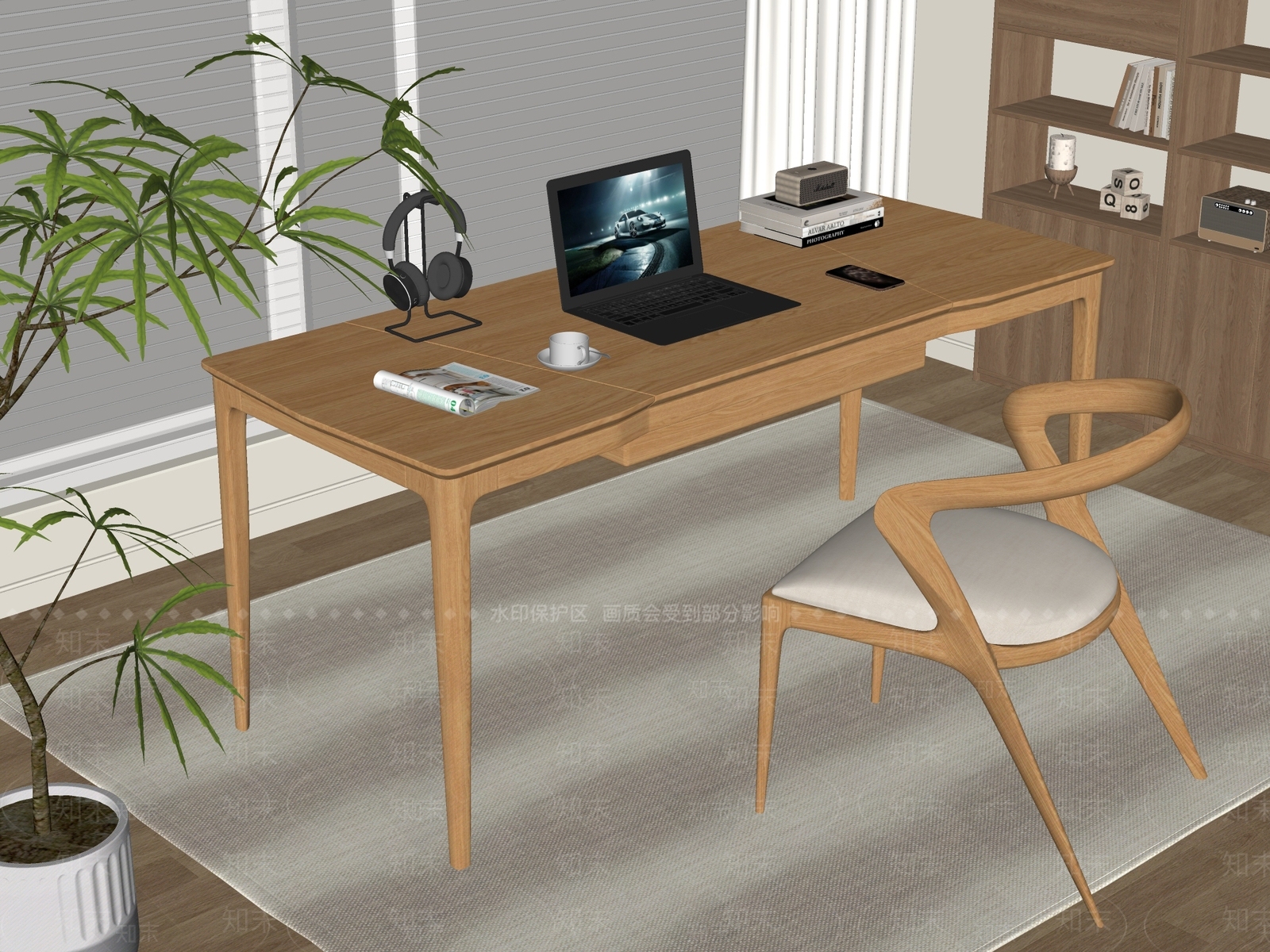 现代原木书桌椅SU模型下载【ID:1195091428】