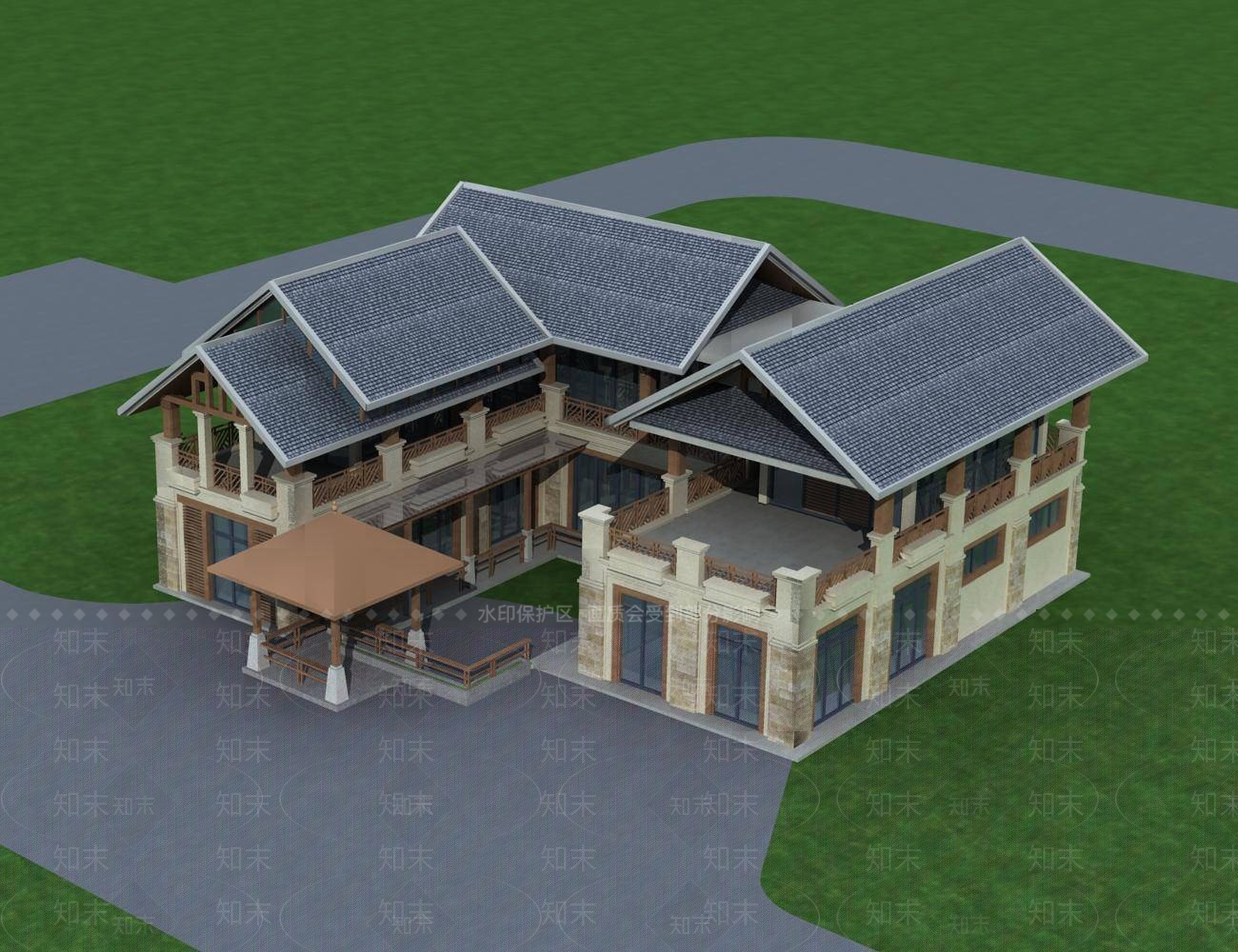 中式别墅外观3D模型下载【ID:1195094983】