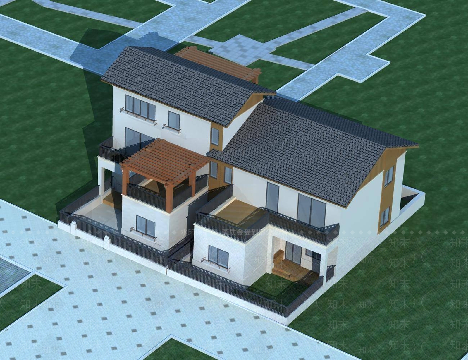 中式别墅外观3D模型下载【ID:1195115540】