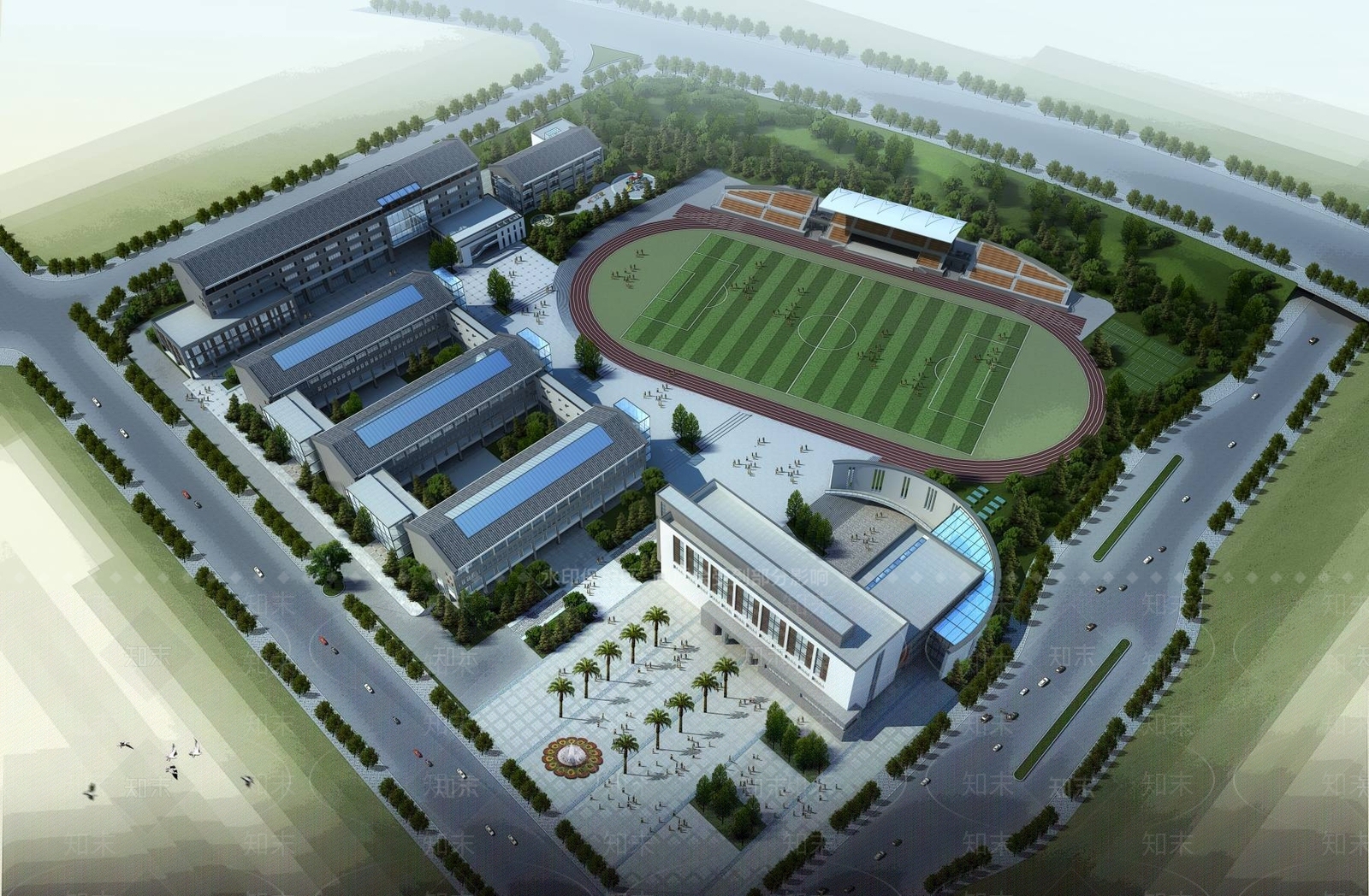 新中式学校外观3D模型下载【ID:1195118054】