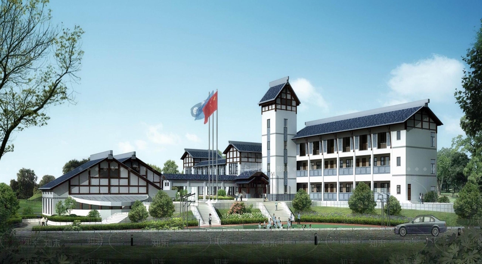 中式学校外观3D模型下载【ID:1195127969】
