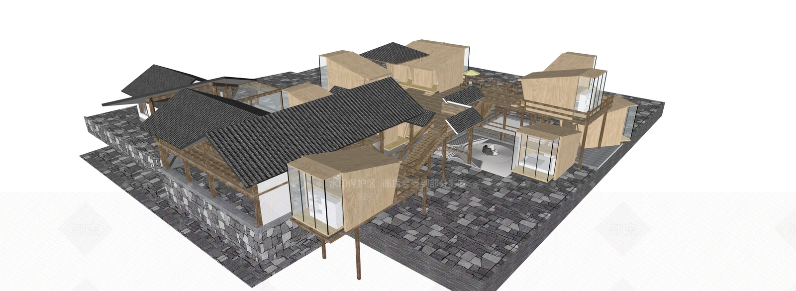 新中式轻奢民宿建筑SU模型下载【ID:1195143320】