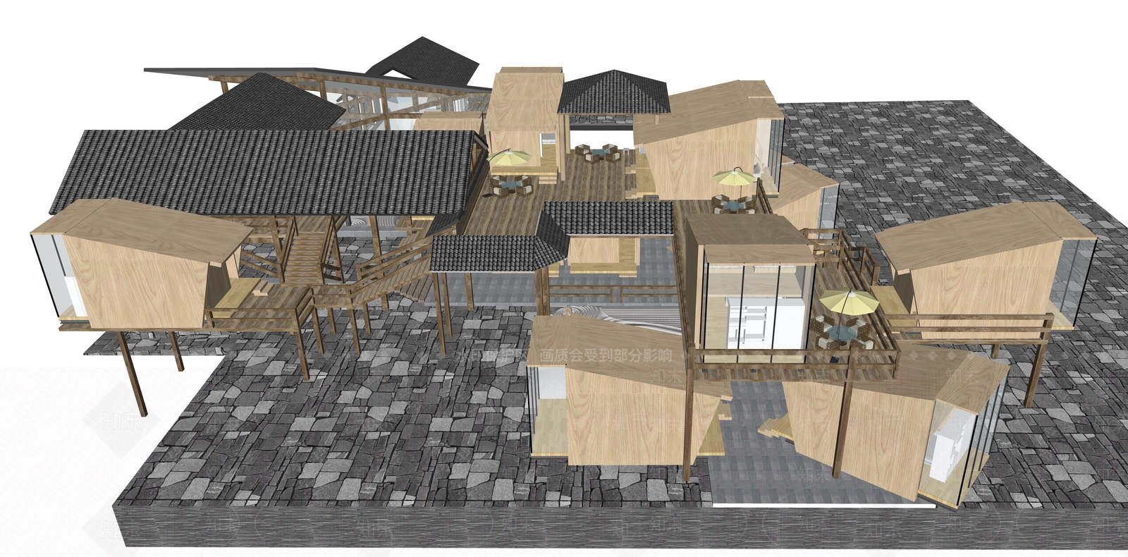 新中式轻奢民宿建筑SU模型下载【ID:1195143320】