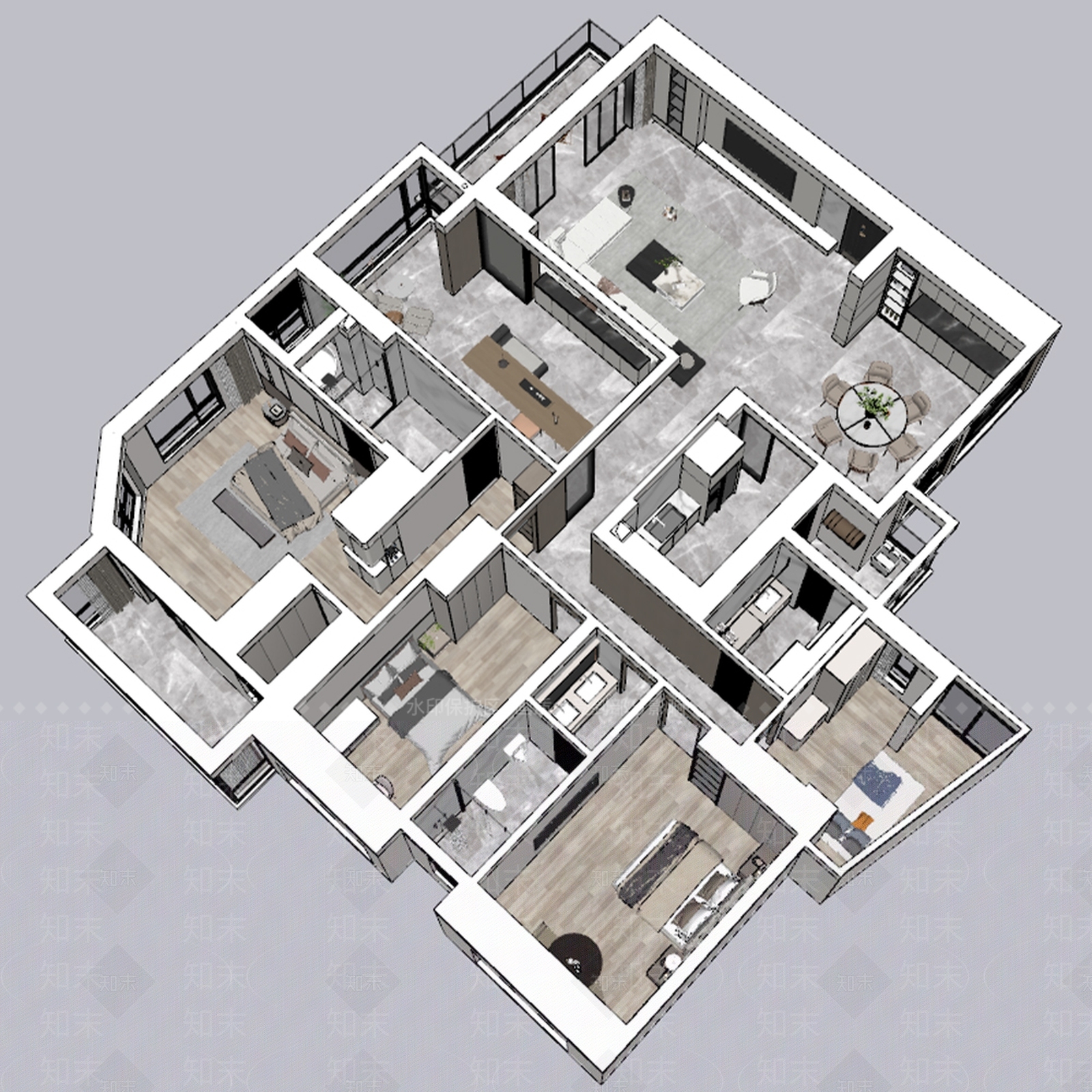 现代轻奢家装鸟瞰SU模型下载【ID:1195154031】