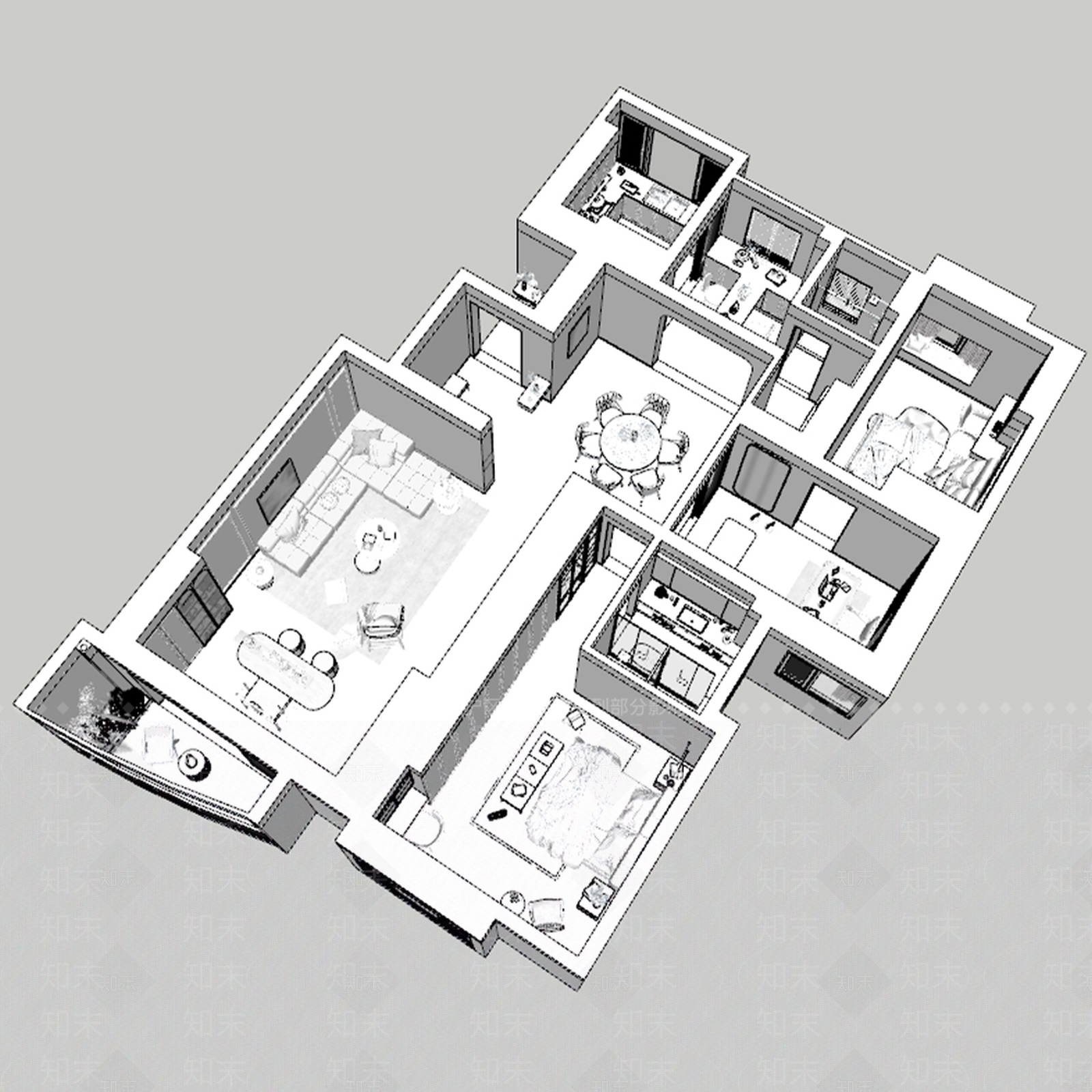 现代美式家装鸟瞰SU模型下载【ID:1195154541】