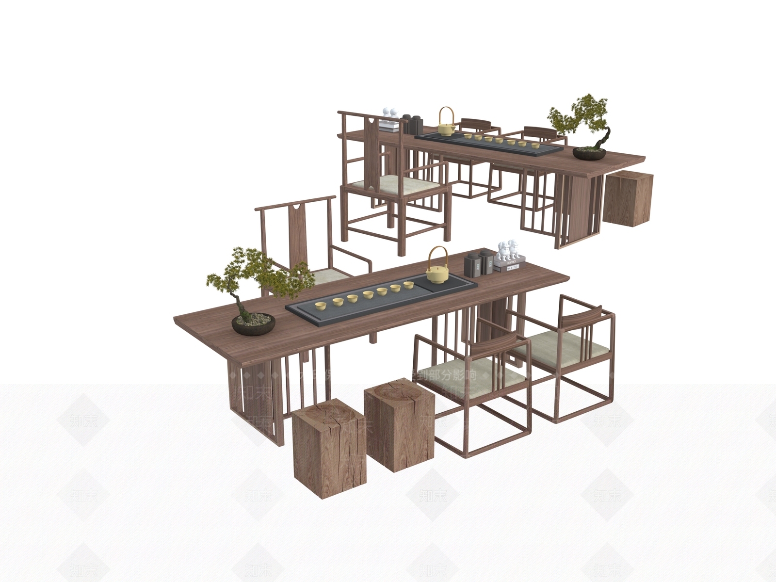 现代新中式茶桌椅3D模型下载【ID:1195171886】