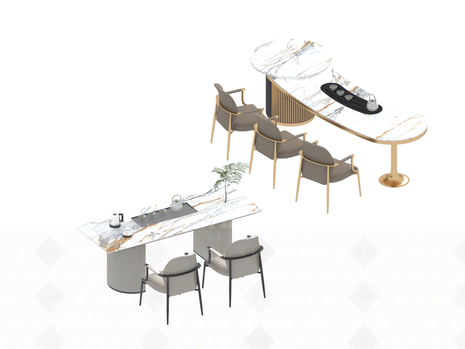 现代新中式茶桌椅3D模型下载【ID:1195171906】