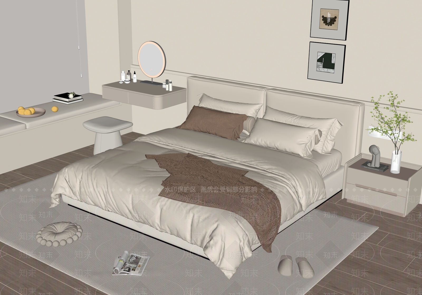 现代奶油家居卧室SU模型下载【ID:1195205243】