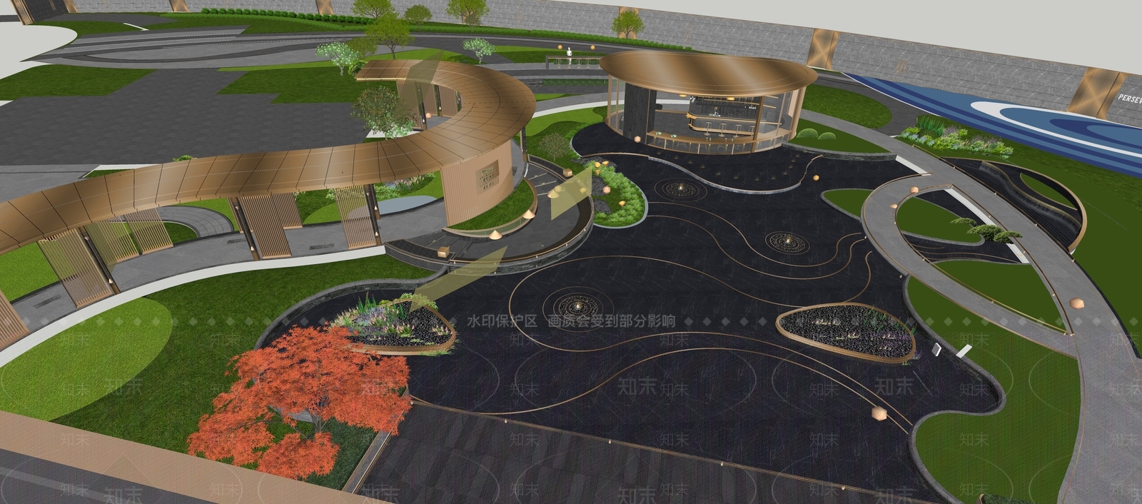 现代新中式小区景观SU模型下载【ID:1195243796】