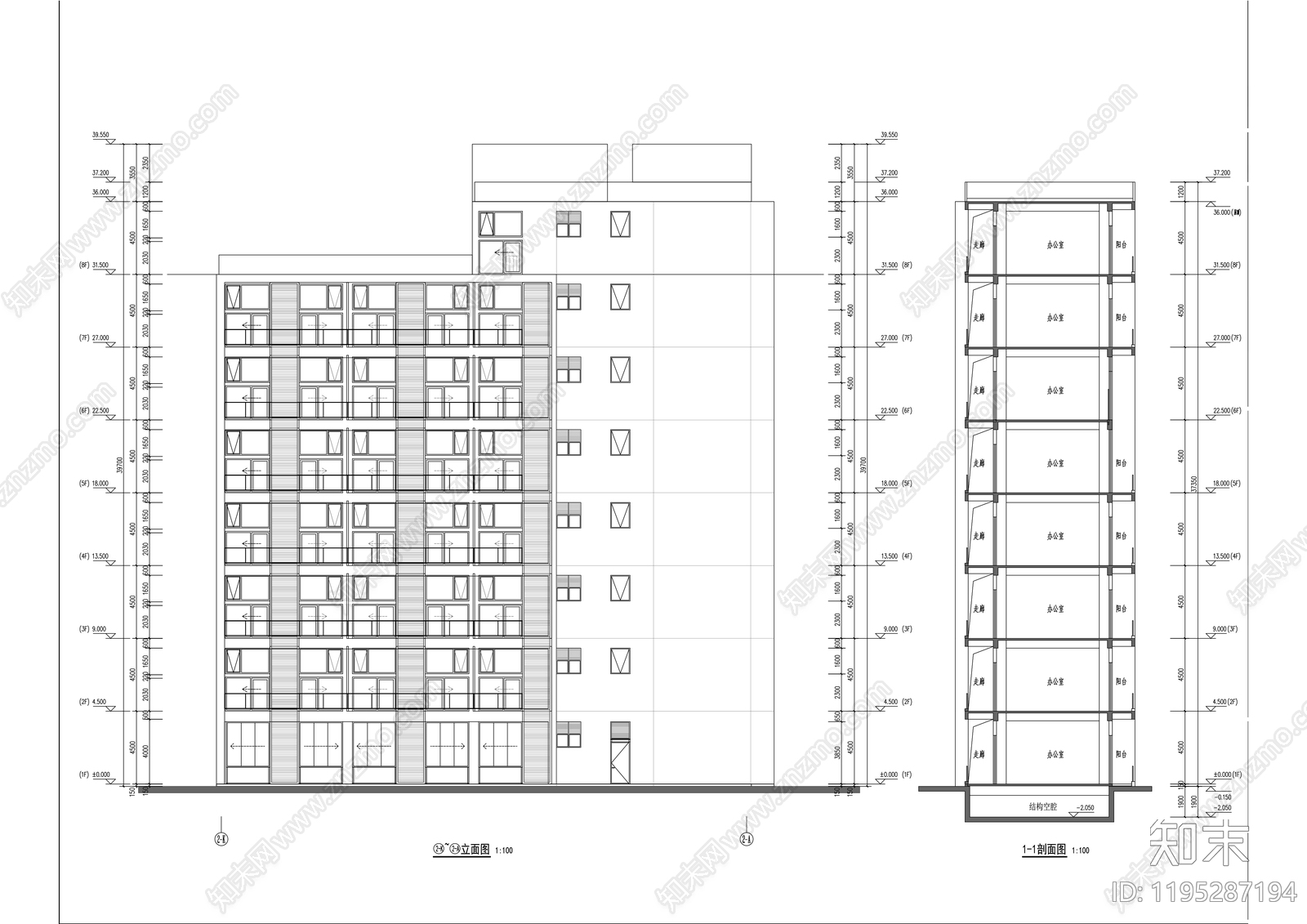 现代办公楼建筑cad施工图下载【ID:1195287194】