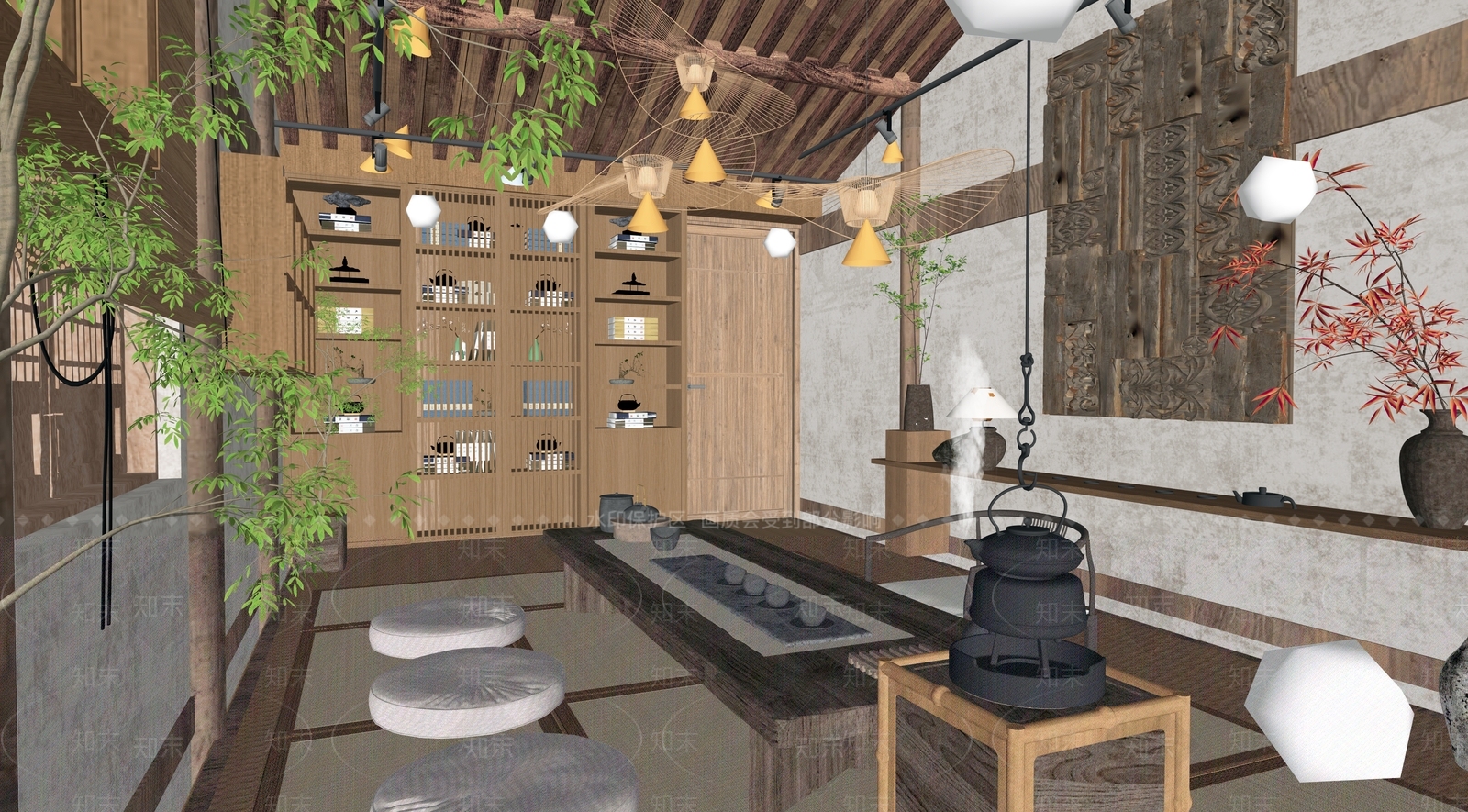 中式侘寂茶室SU模型下载【ID:1195293346】
