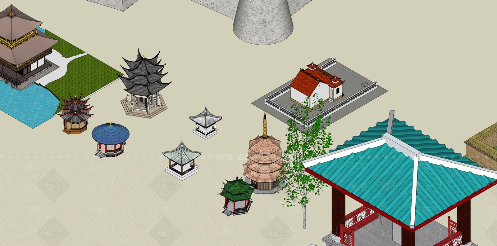 中式欧式古建筑SU模型下载【ID:1195298305】