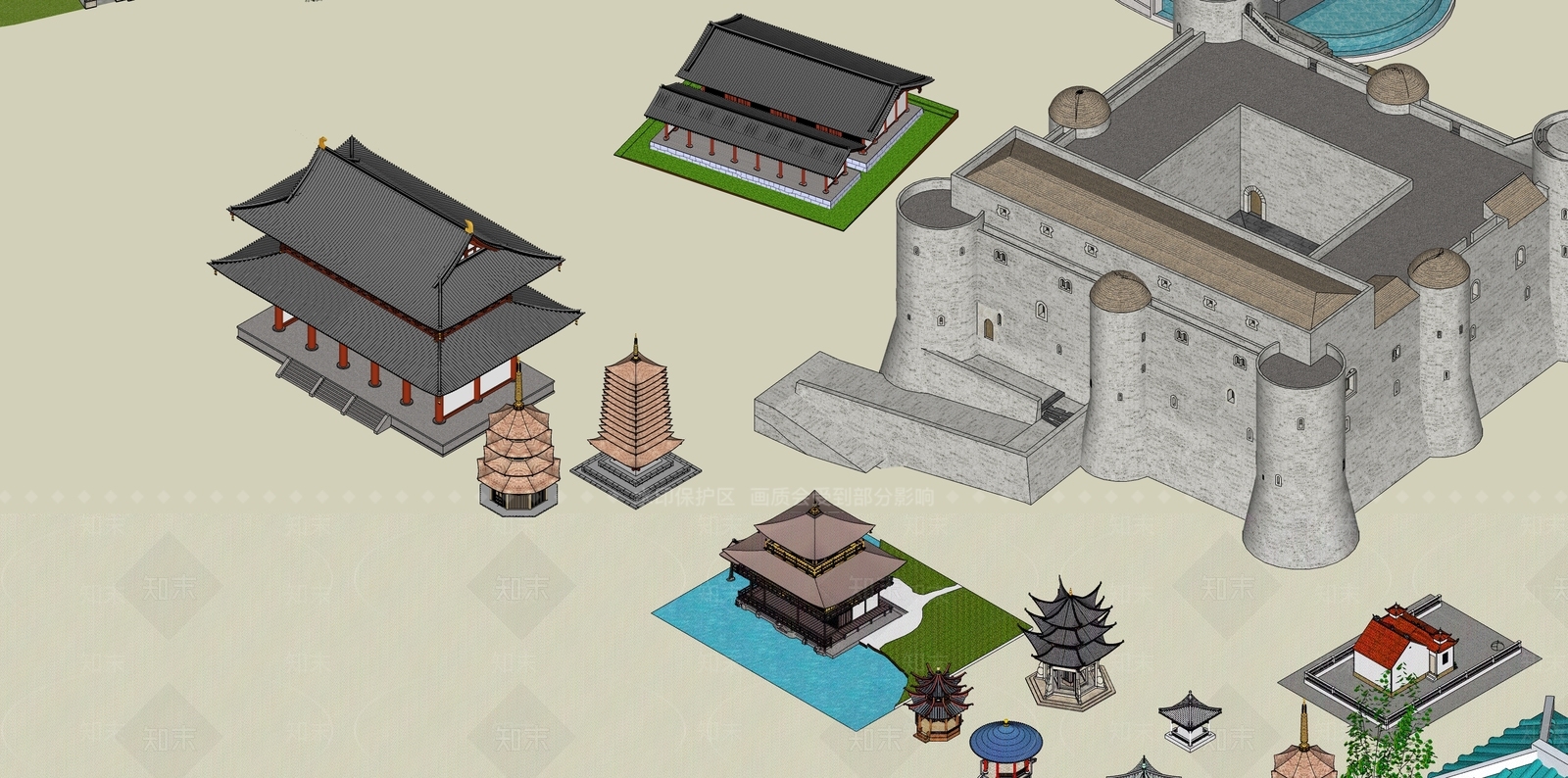 中式欧式古建筑SU模型下载【ID:1195298305】