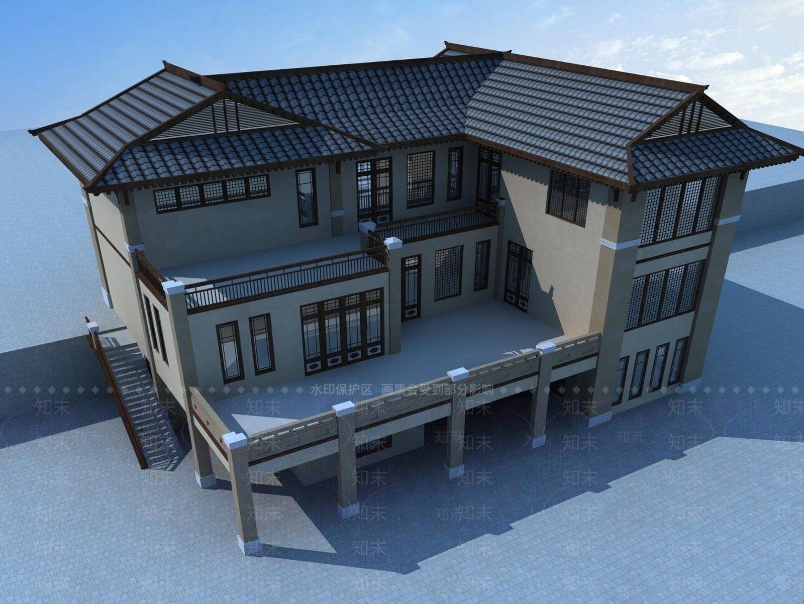 中式别墅外观3D模型下载【ID:1195299220】