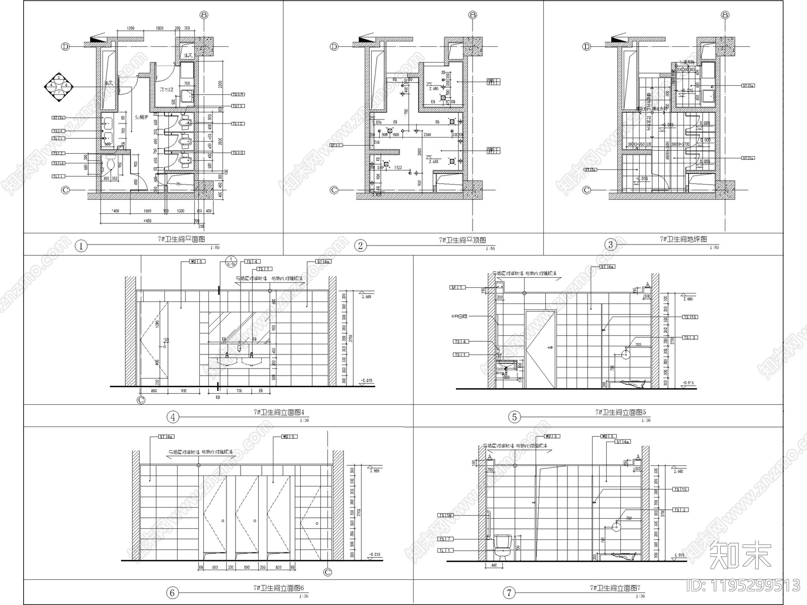 现代公共卫生间cad施工图下载【ID:1195299513】