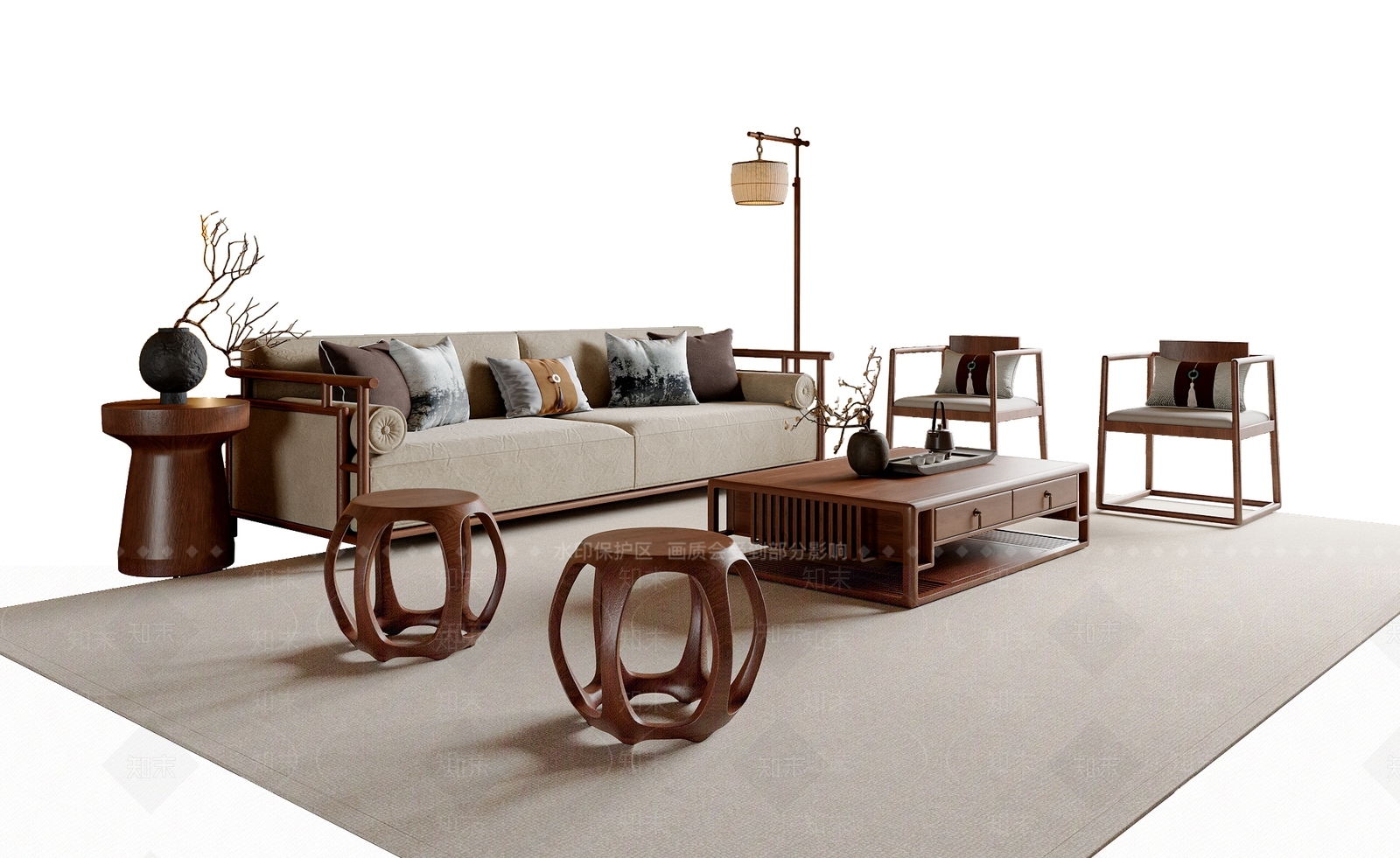 新中式中式沙发组合3D模型下载【ID:1195359937】