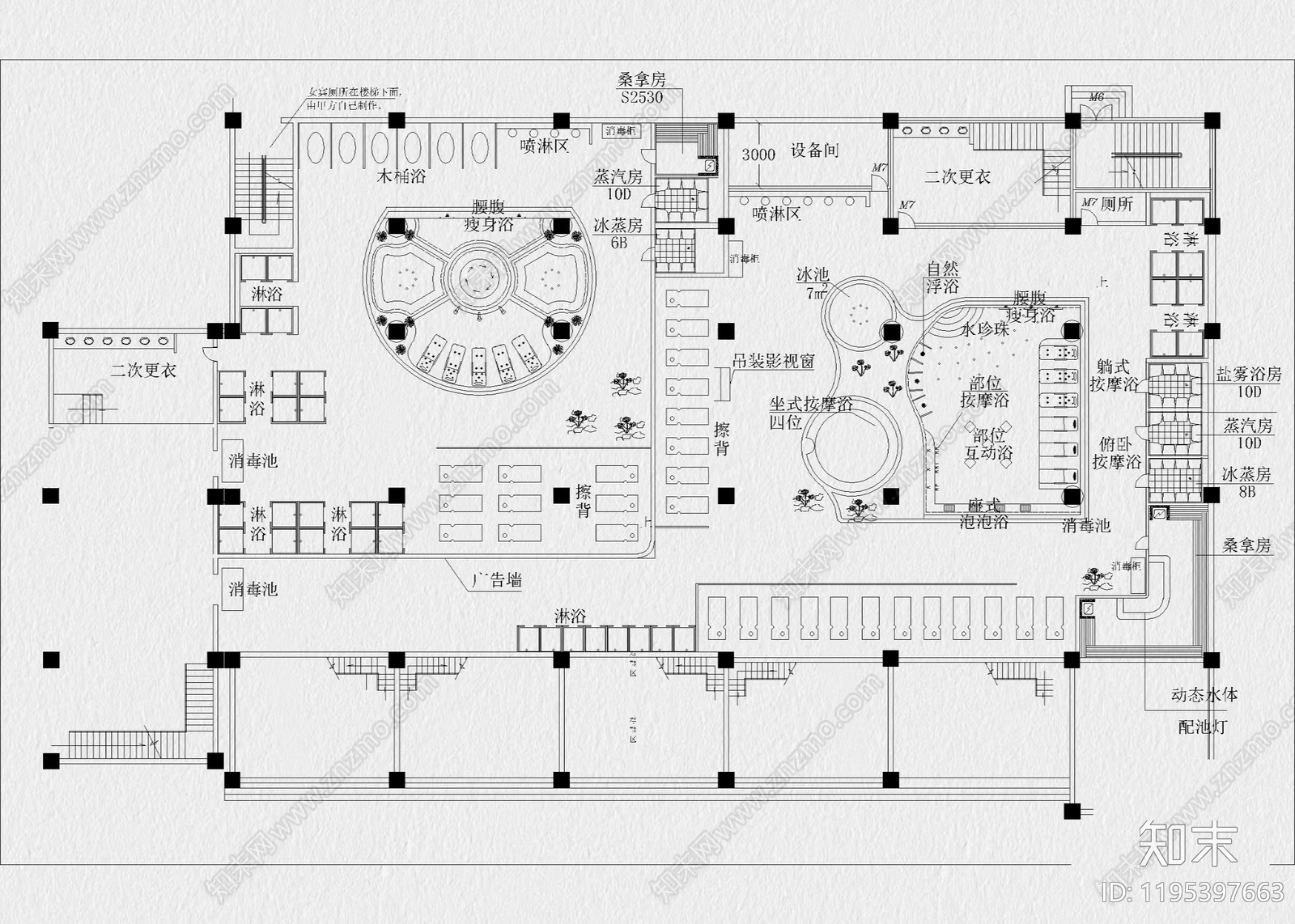 现代洗浴中心cad施工图下载【ID:1195397663】