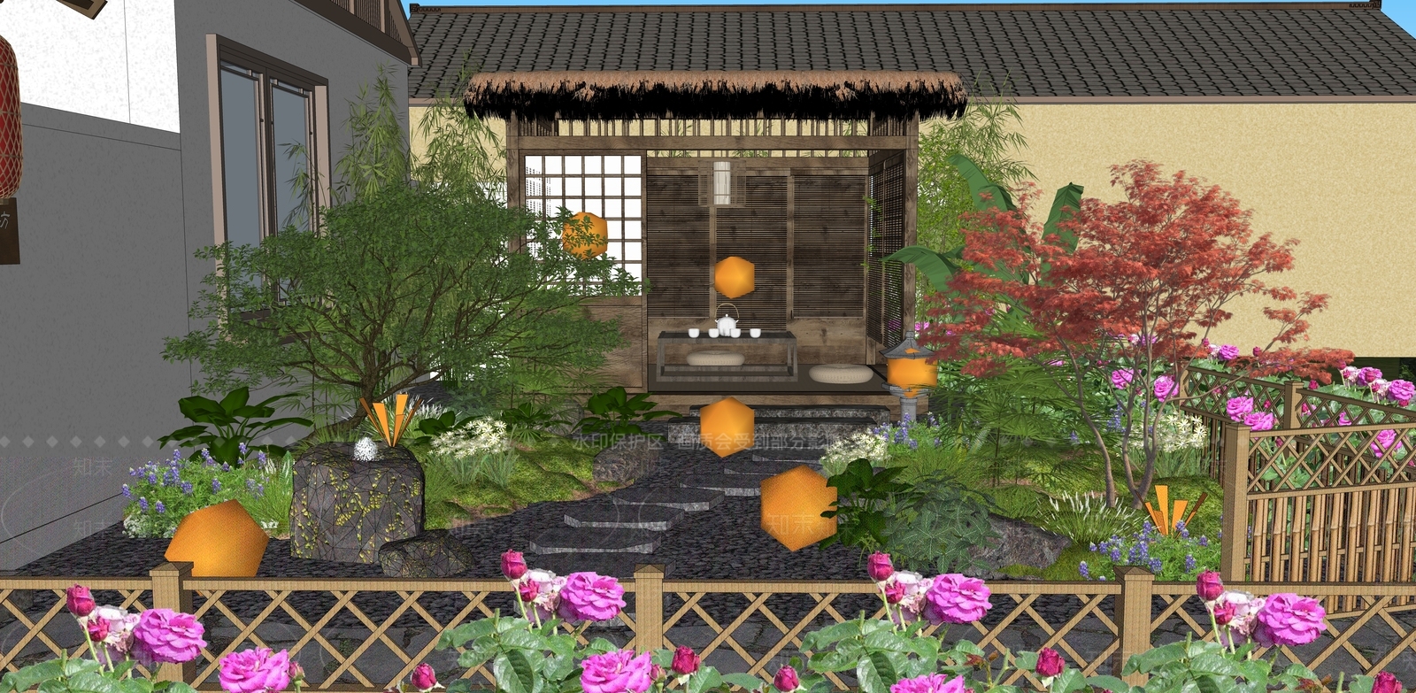 新中式日式乡村庭院SU模型下载【ID:1195401294】