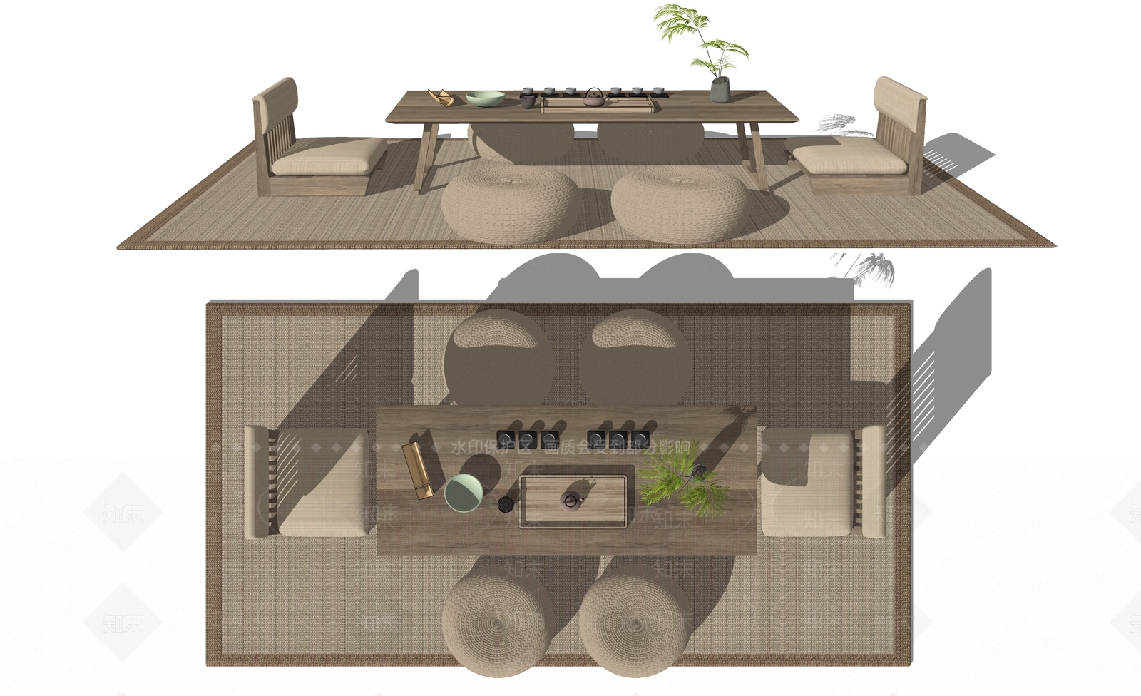 日式新中式茶桌椅SU模型下载【ID:1195420915】