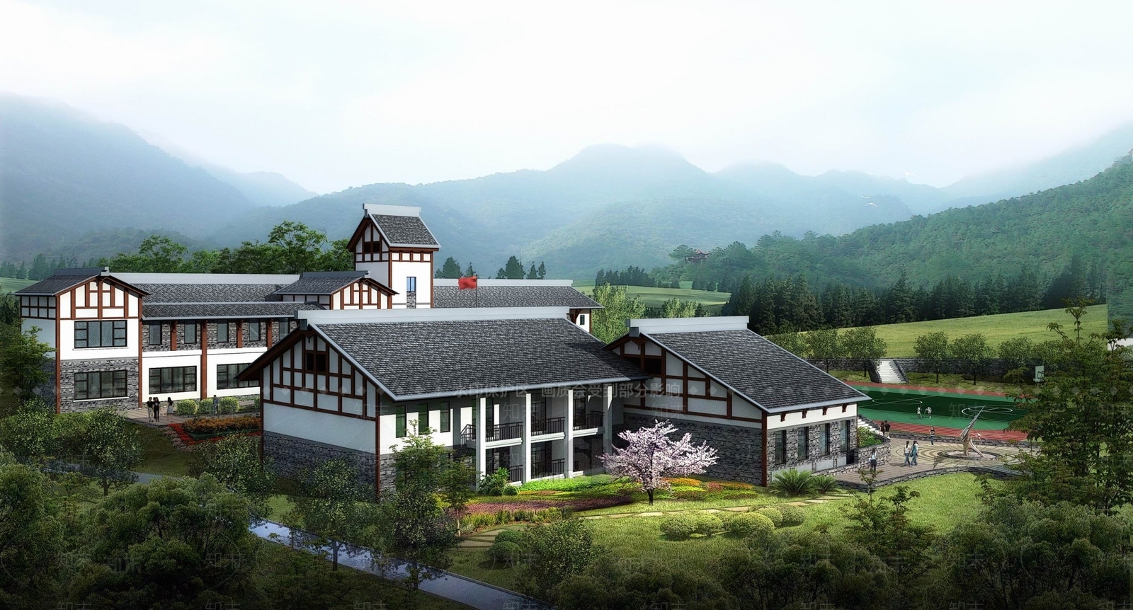 中式学校外观3D模型下载【ID:1195425713】