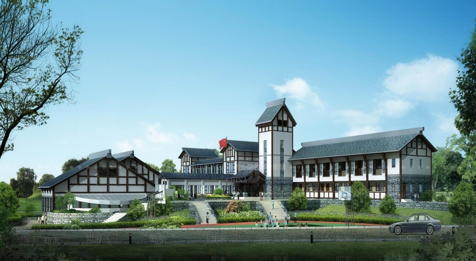 中式学校外观3D模型下载【ID:1195425713】