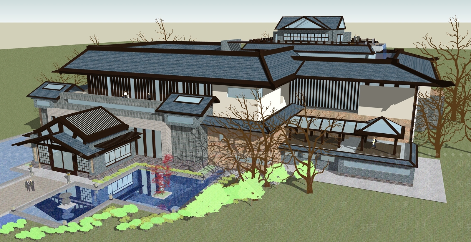 新中式中式售楼处建筑SU模型下载【ID:1195428957】