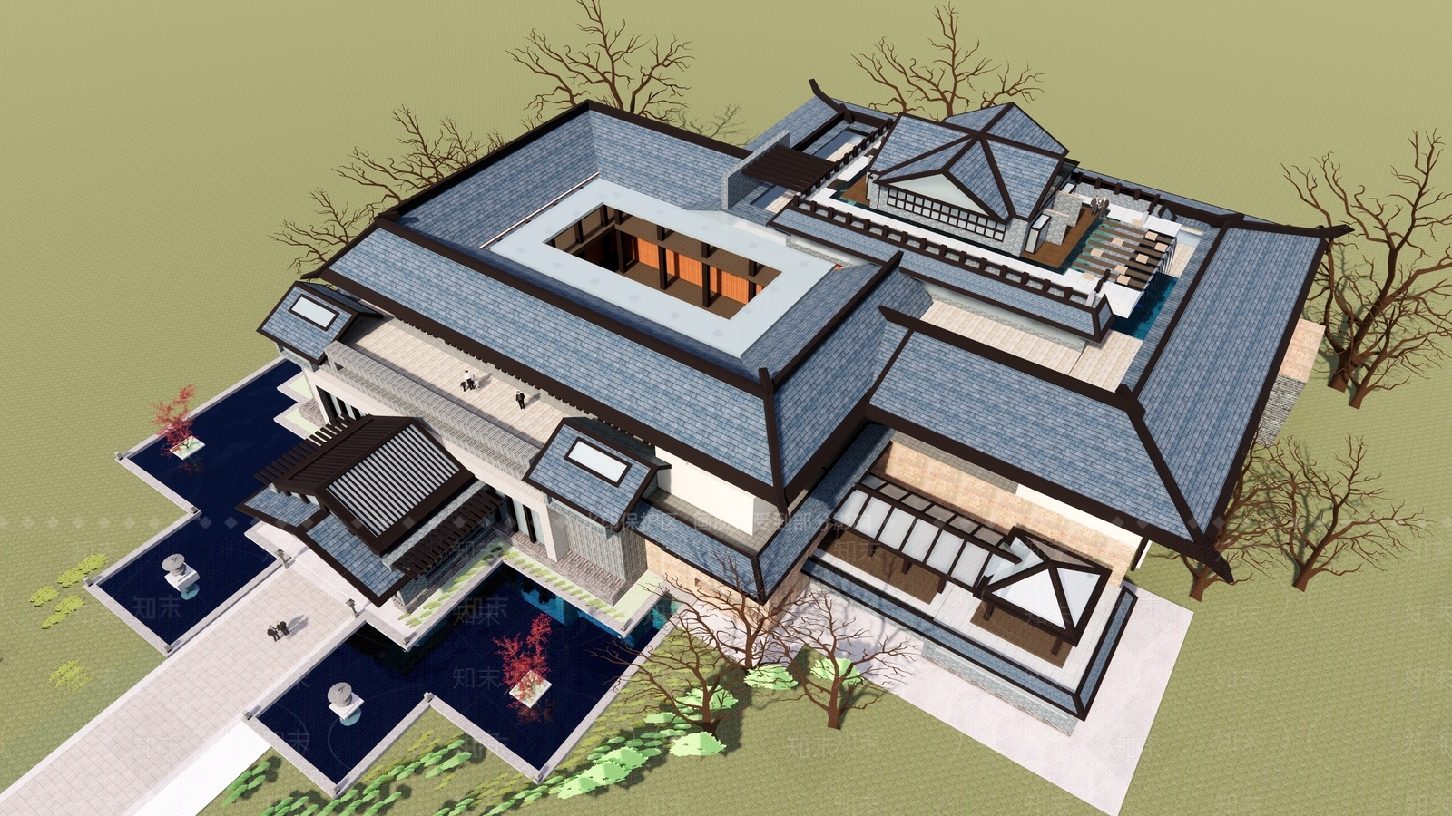 新中式中式售楼处建筑SU模型下载【ID:1195428957】