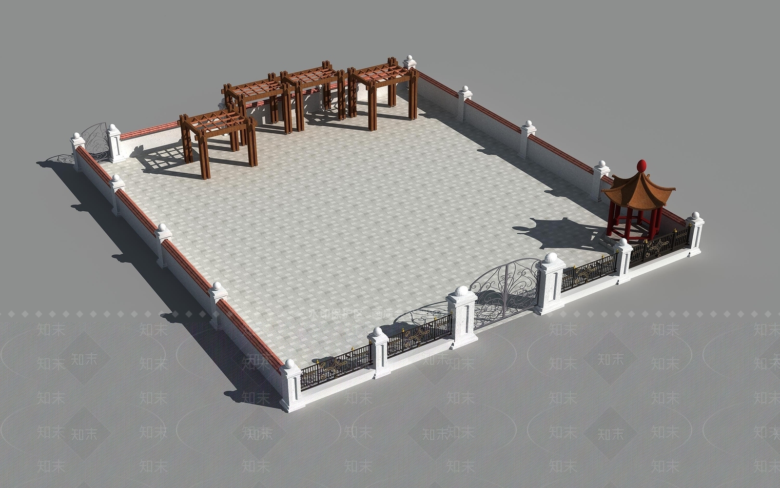 现代廊亭子围墙铁艺大门3D模型下载【ID:1195461613】