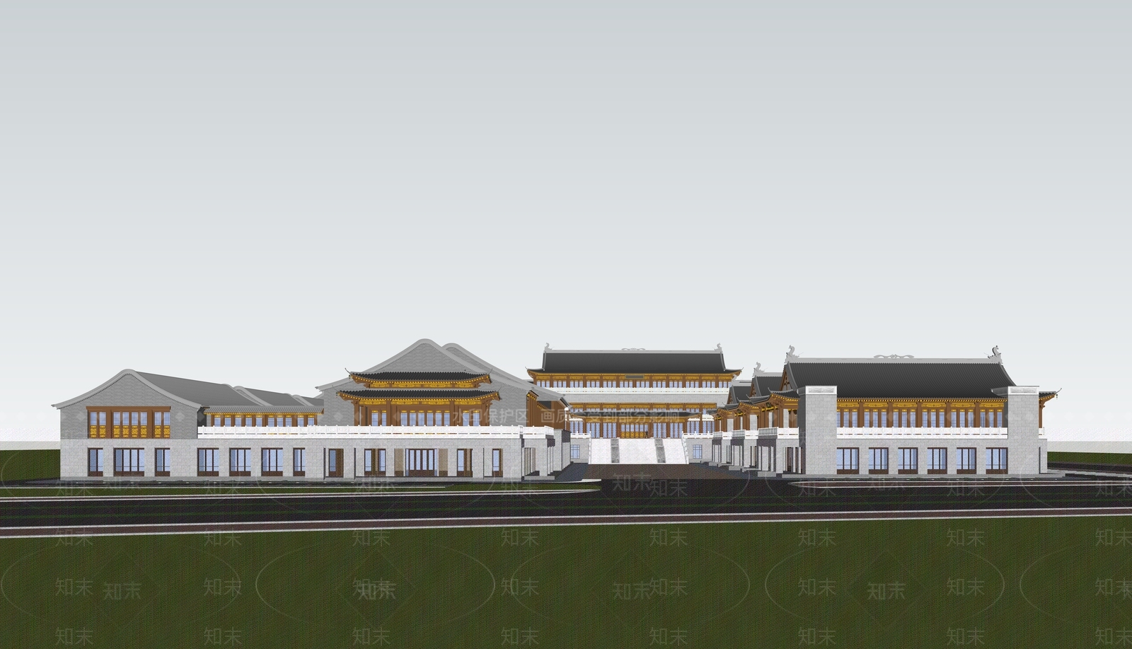 中式展览馆建筑SU模型下载【ID:1195515849】