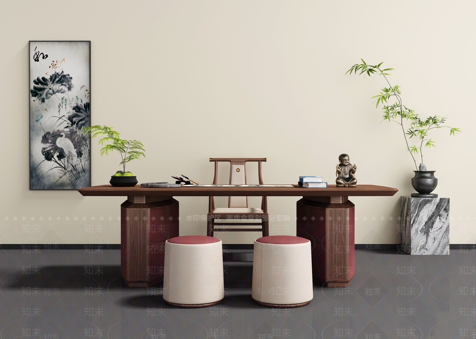 新中式书桌椅3D模型下载【ID:1195516093】